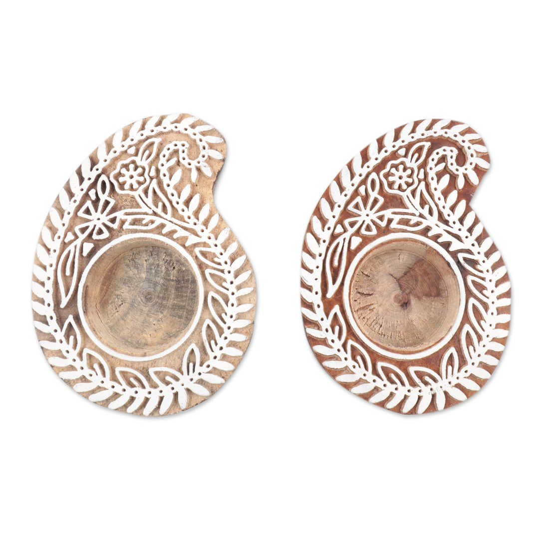Mango Wood Paisley Tealight Candle Holders (Pair) - Paisley Glow