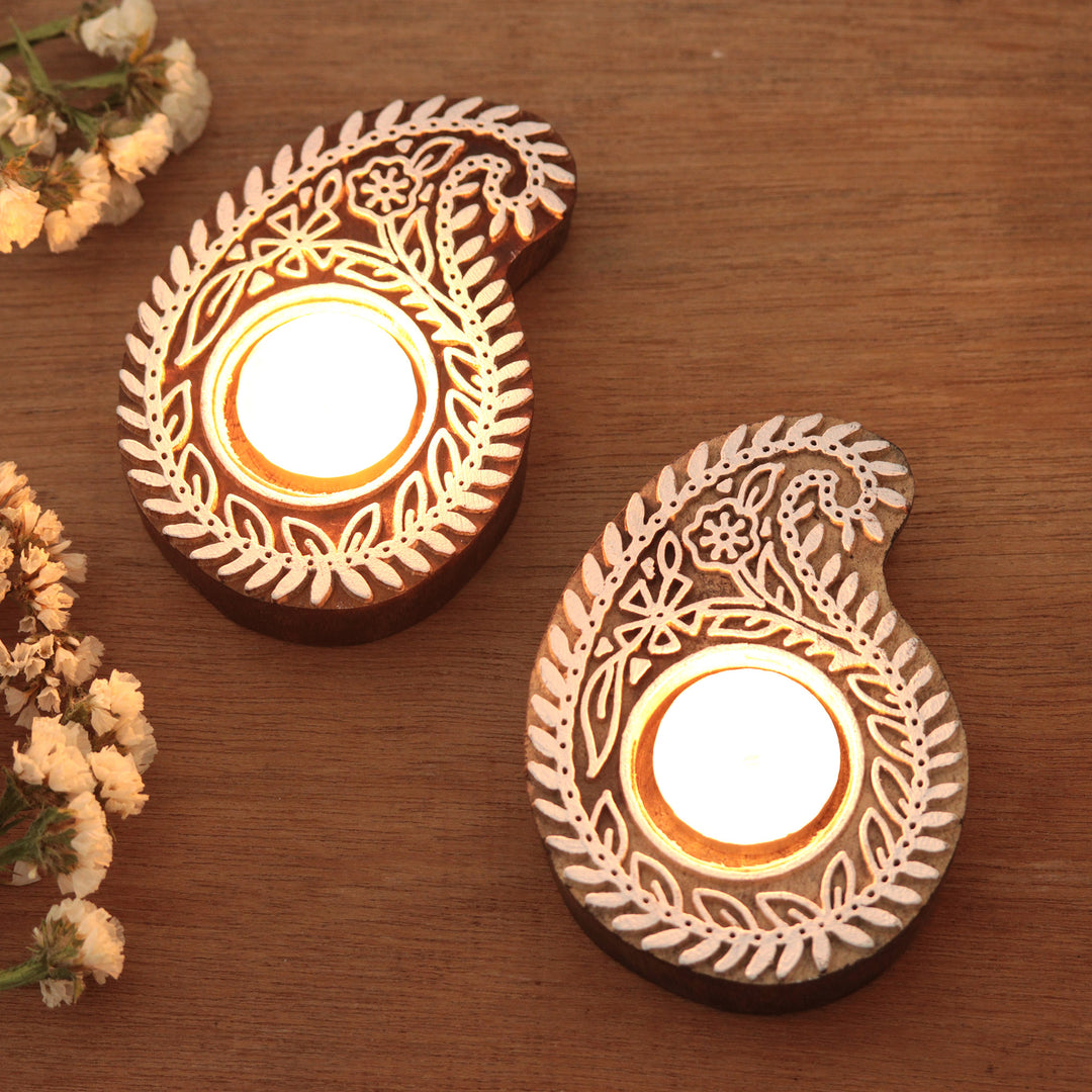 Mango Wood Paisley Tealight Candle Holders (Pair) - Paisley Glow