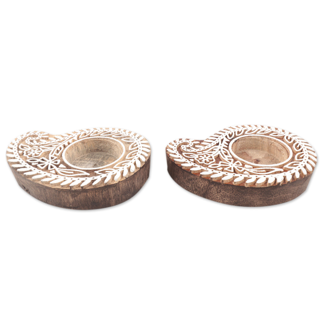 Mango Wood Paisley Tealight Candle Holders (Pair) - Paisley Glow