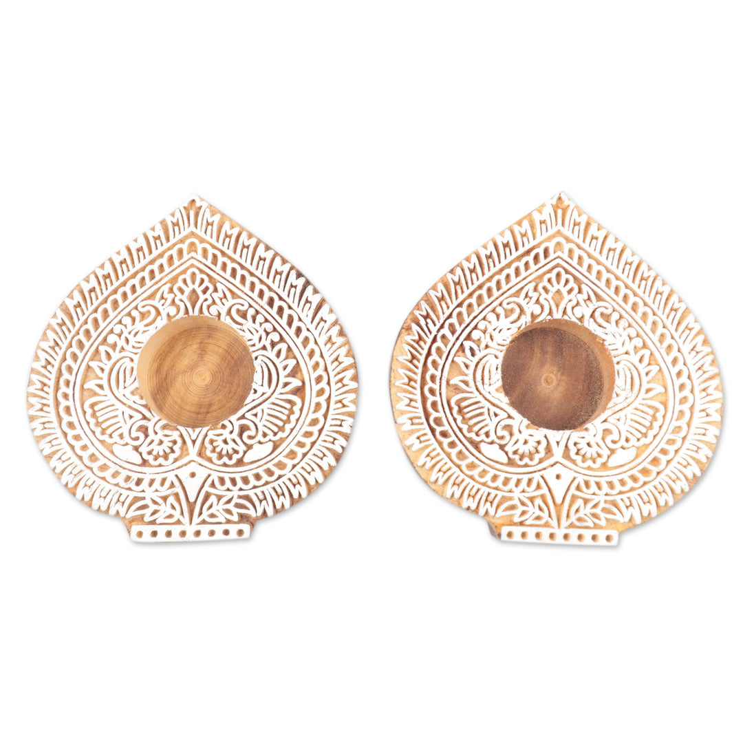 Mango Wood Tealight Candle Holders with Leaf Motif (Pair) - Betel Delight