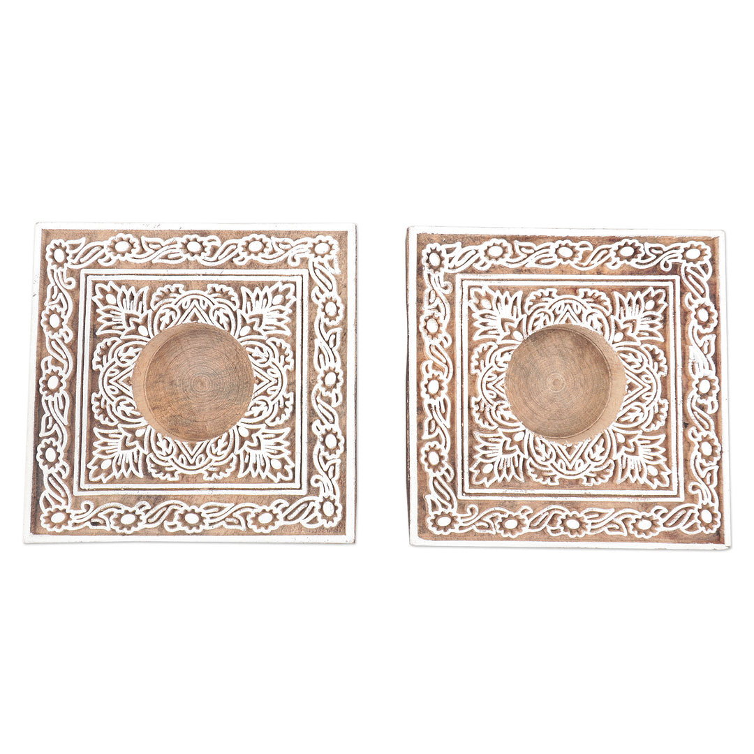 Handcrafted Mango Wood Tealight Candle Holders (Pair) - Floral Trellis
