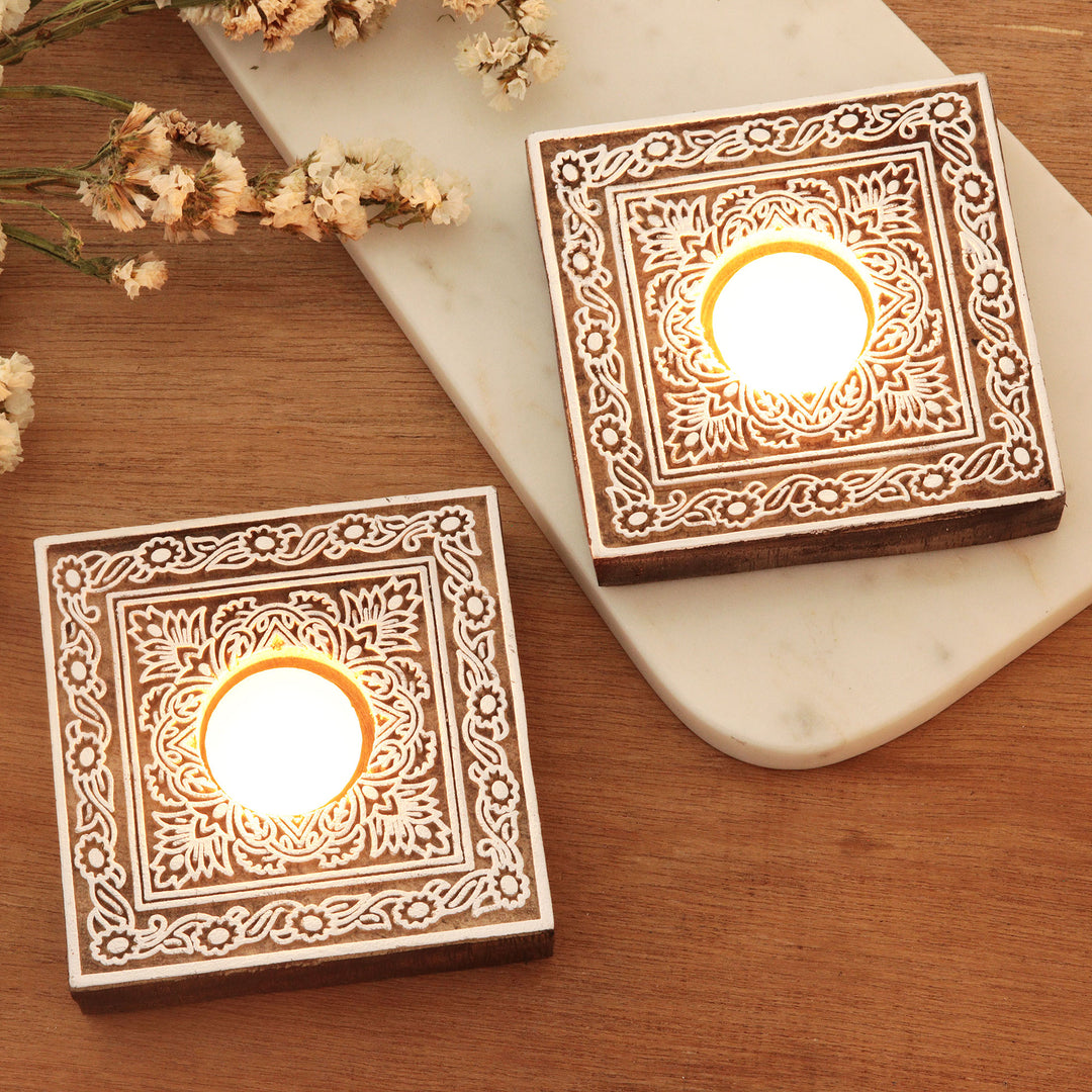 Handcrafted Mango Wood Tealight Candle Holders (Pair) - Floral Trellis