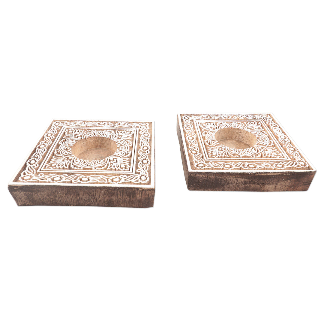 Handcrafted Mango Wood Tealight Candle Holders (Pair) - Floral Trellis