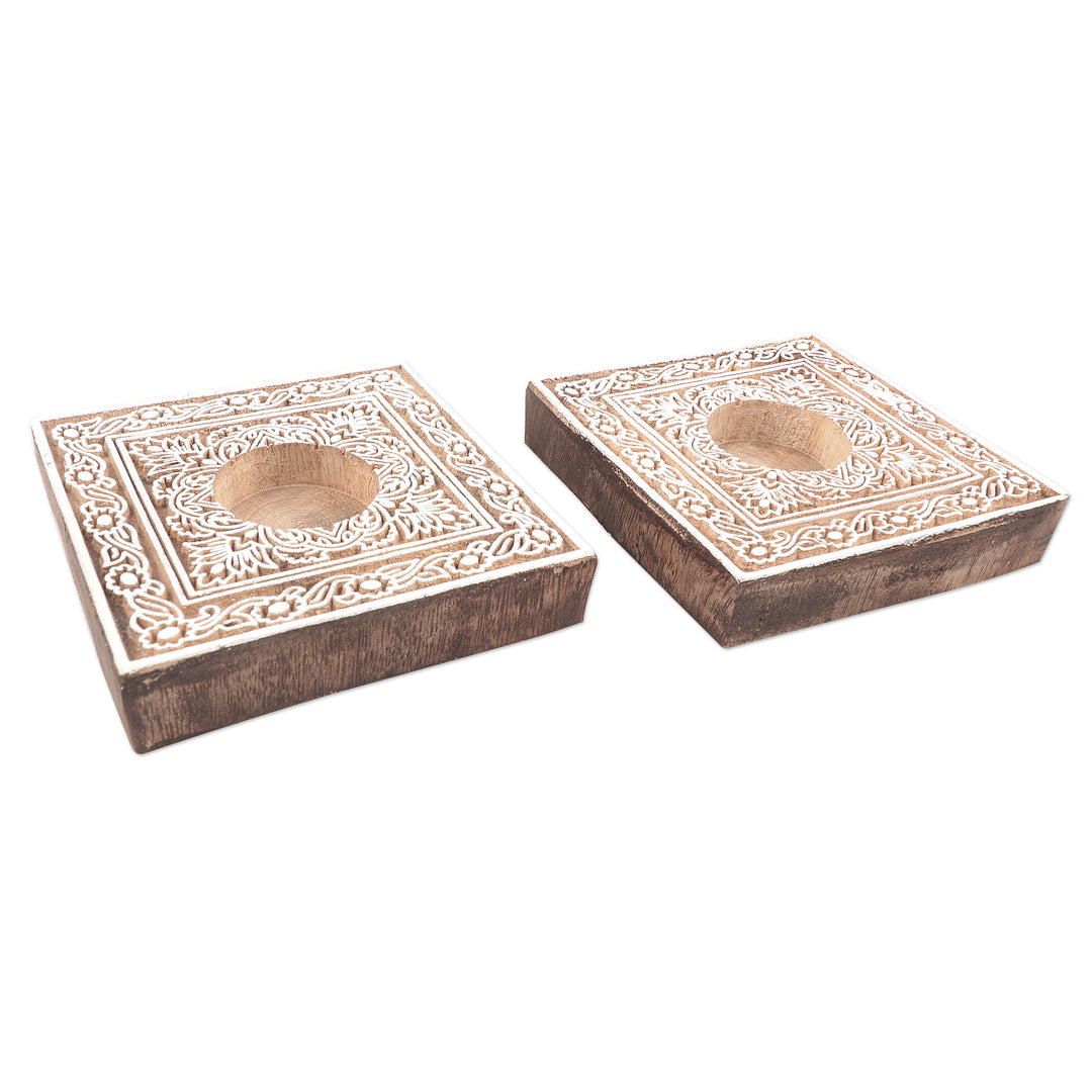 Handcrafted Mango Wood Tealight Candle Holders (Pair) - Floral Trellis