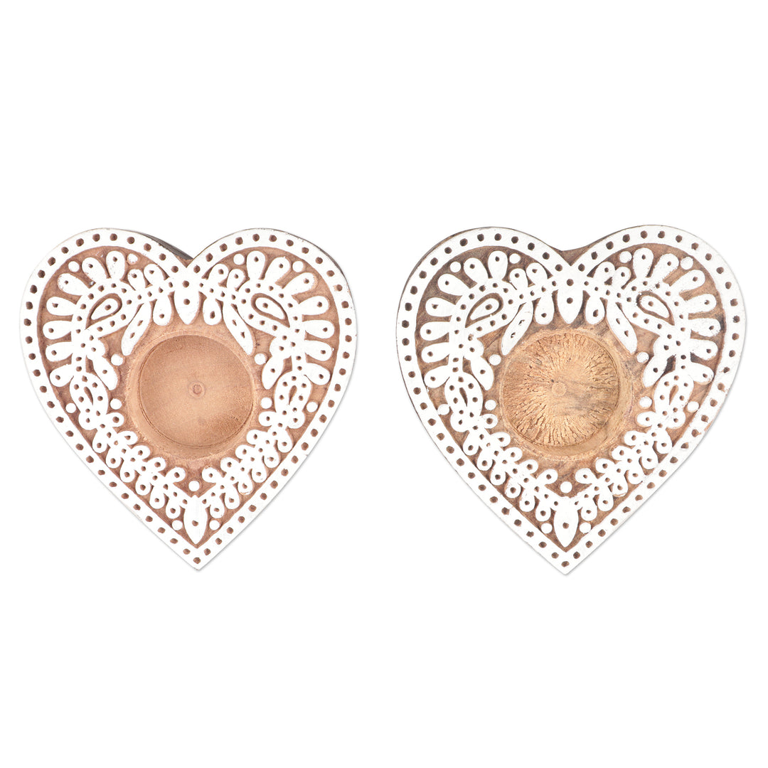 Hand Carved Tealight Candle Holders with Heart Motif (Pair) - Warm Heart