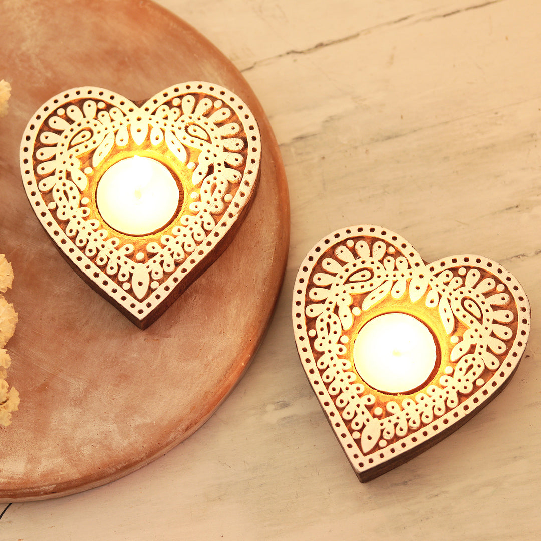 Hand Carved Tealight Candle Holders with Heart Motif (Pair) - Warm Heart