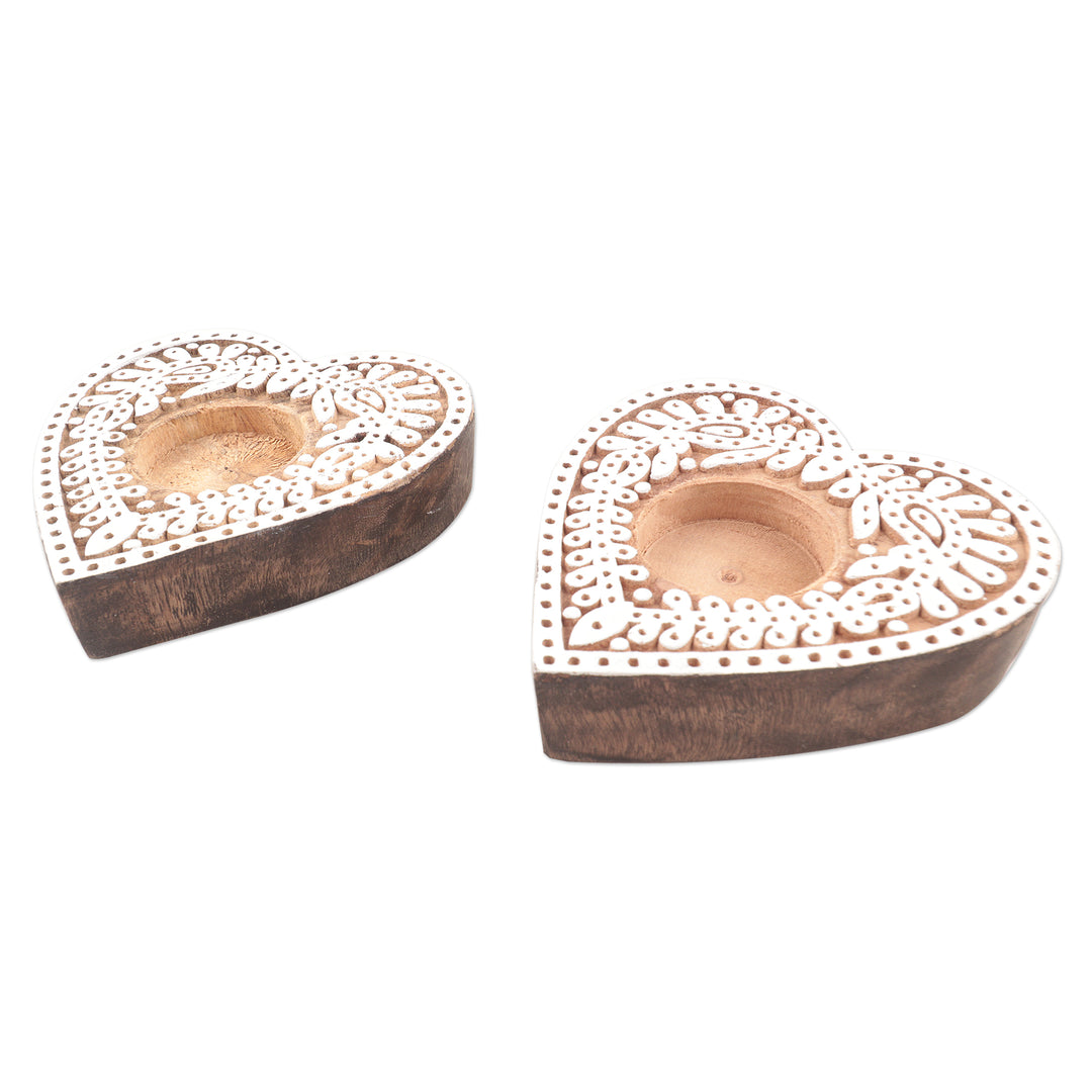 Hand Carved Tealight Candle Holders with Heart Motif (Pair) - Warm Heart