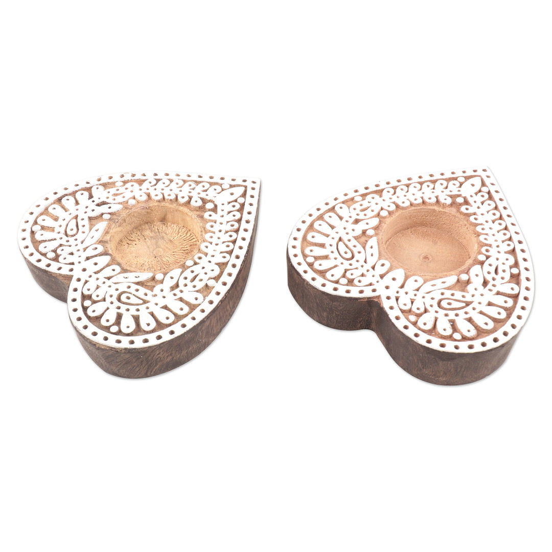 Hand Carved Tealight Candle Holders with Heart Motif (Pair) - Warm Heart