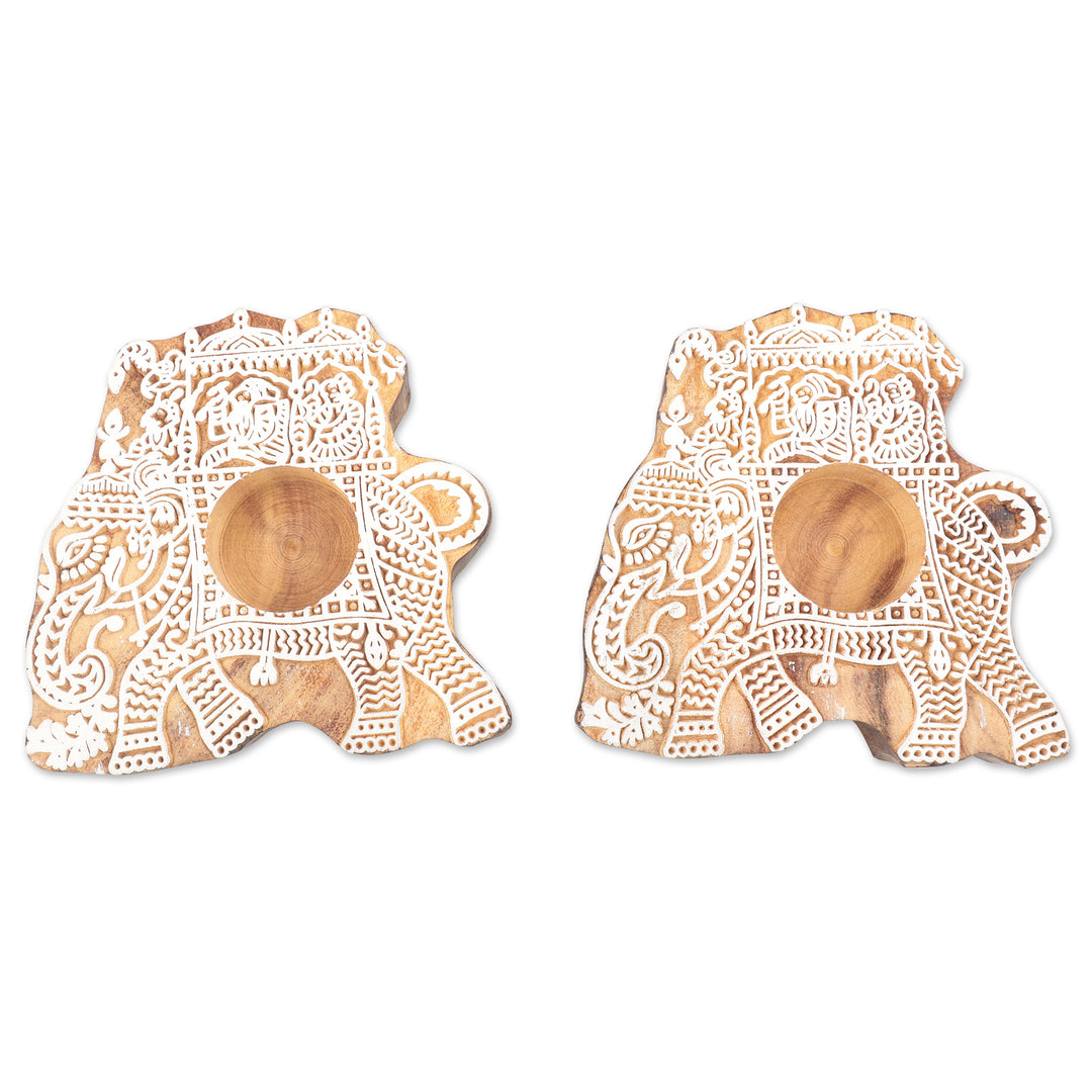 Elephant Motif Tealight Holders (Pair) - Royal Procession