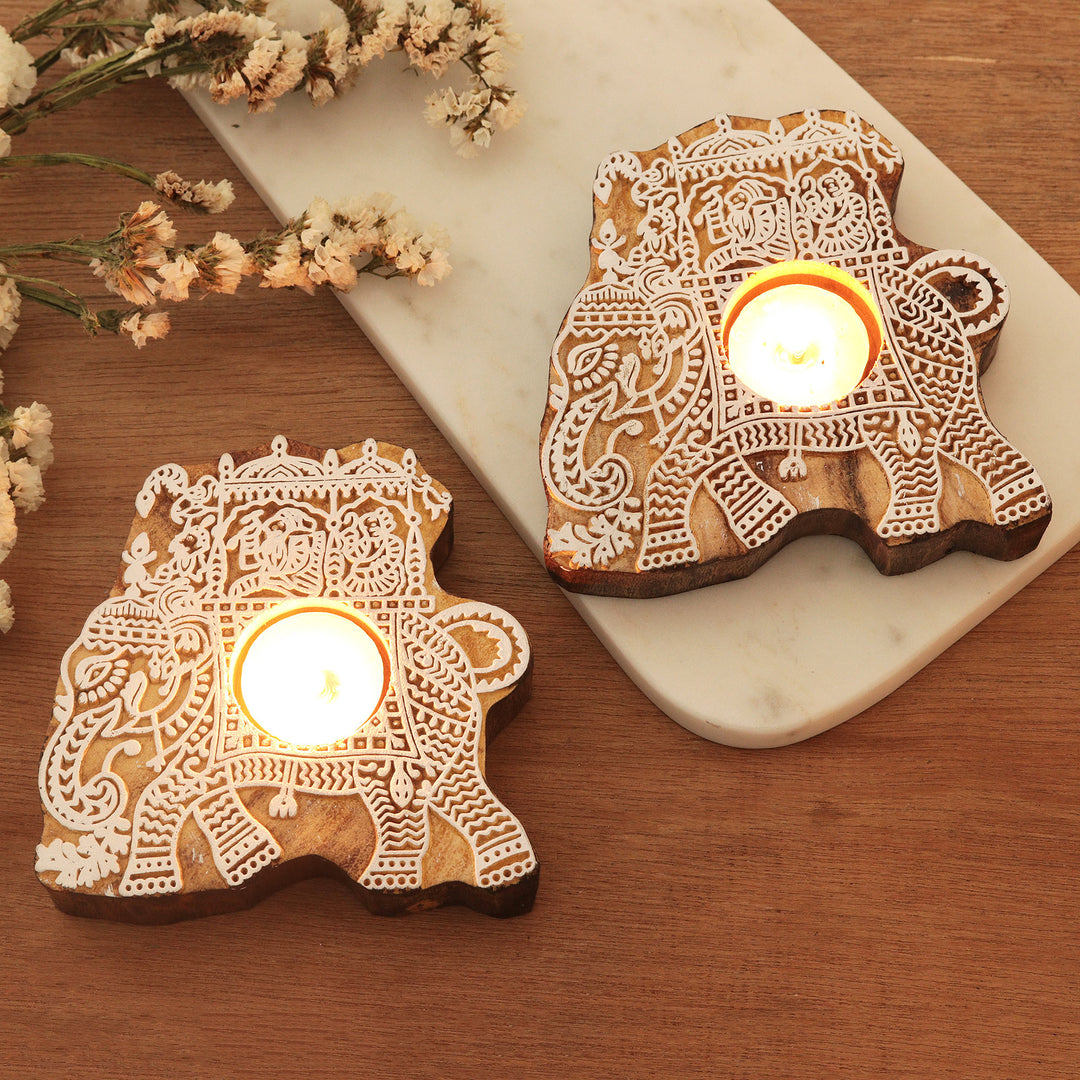 Elephant Motif Tealight Holders (Pair) - Royal Procession