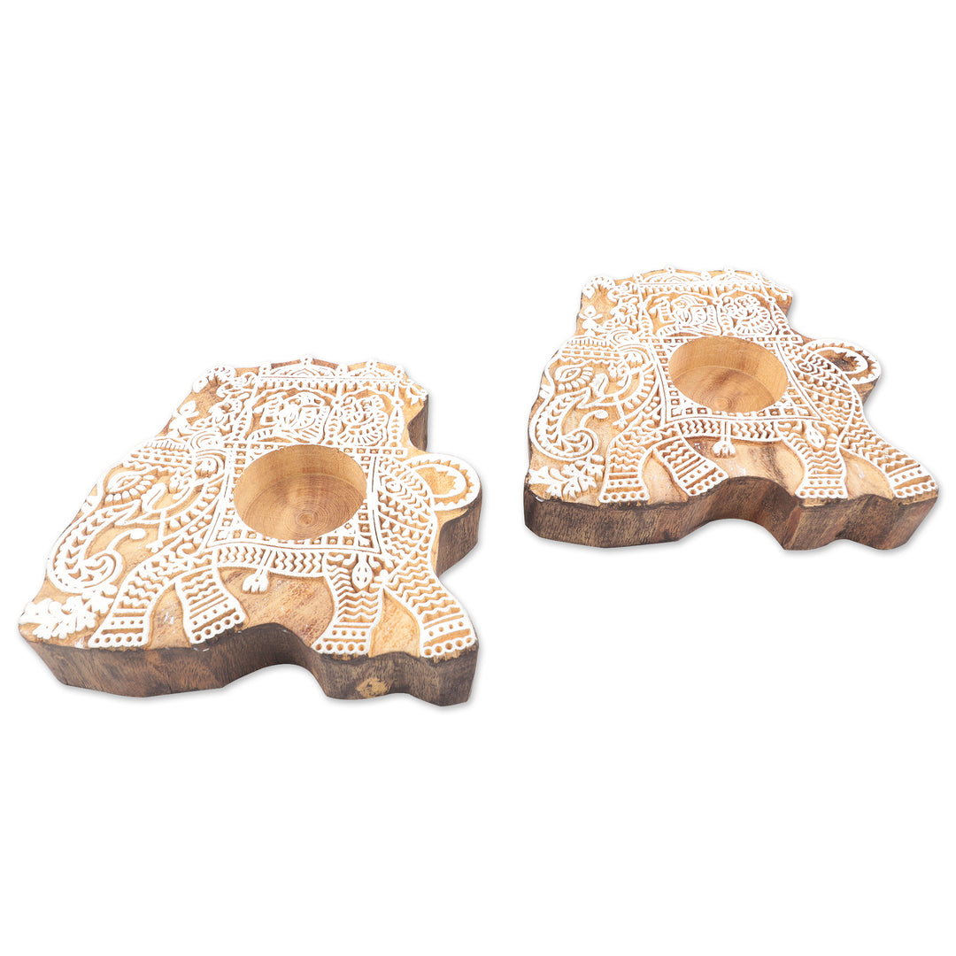 Elephant Motif Tealight Holders (Pair) - Royal Procession