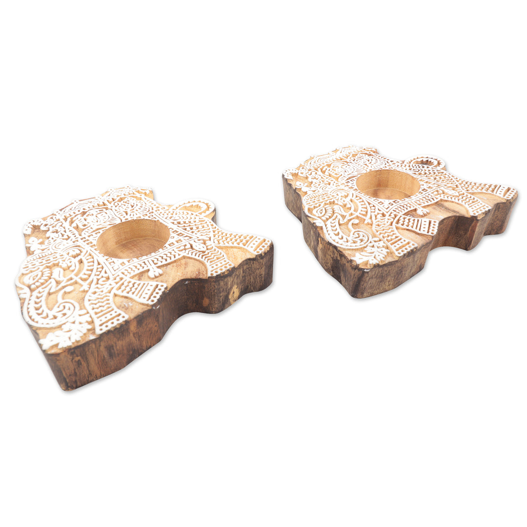 Elephant Motif Tealight Holders (Pair) - Royal Procession