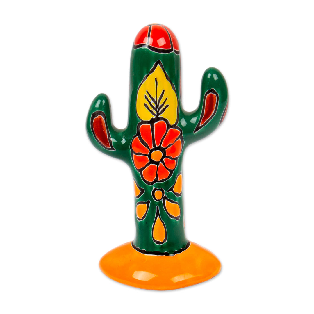 Hand-Painted Talavera-Style Ceramic Cactus Sculpture - Talavera Cactus