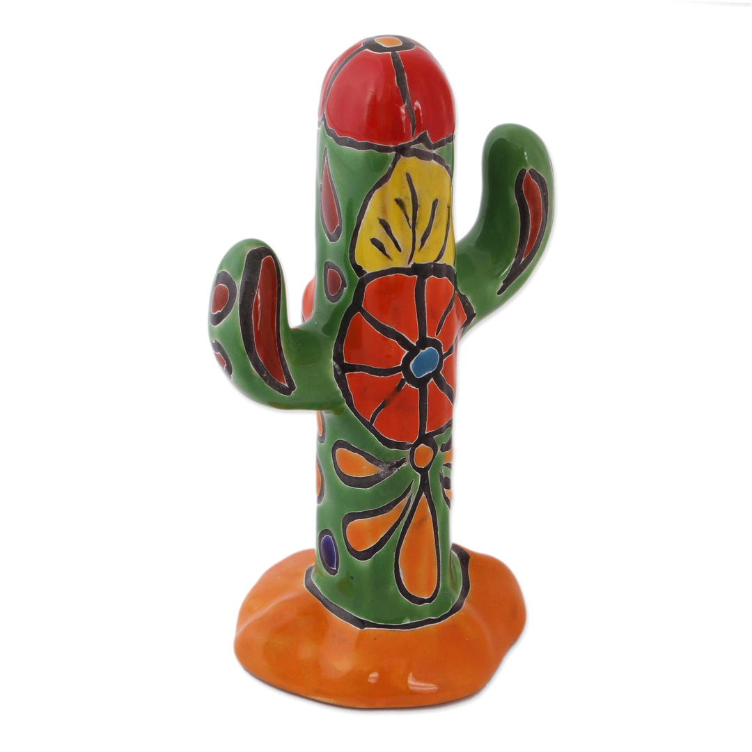 Hand-Painted Talavera-Style Ceramic Cactus Sculpture - Talavera Cactus