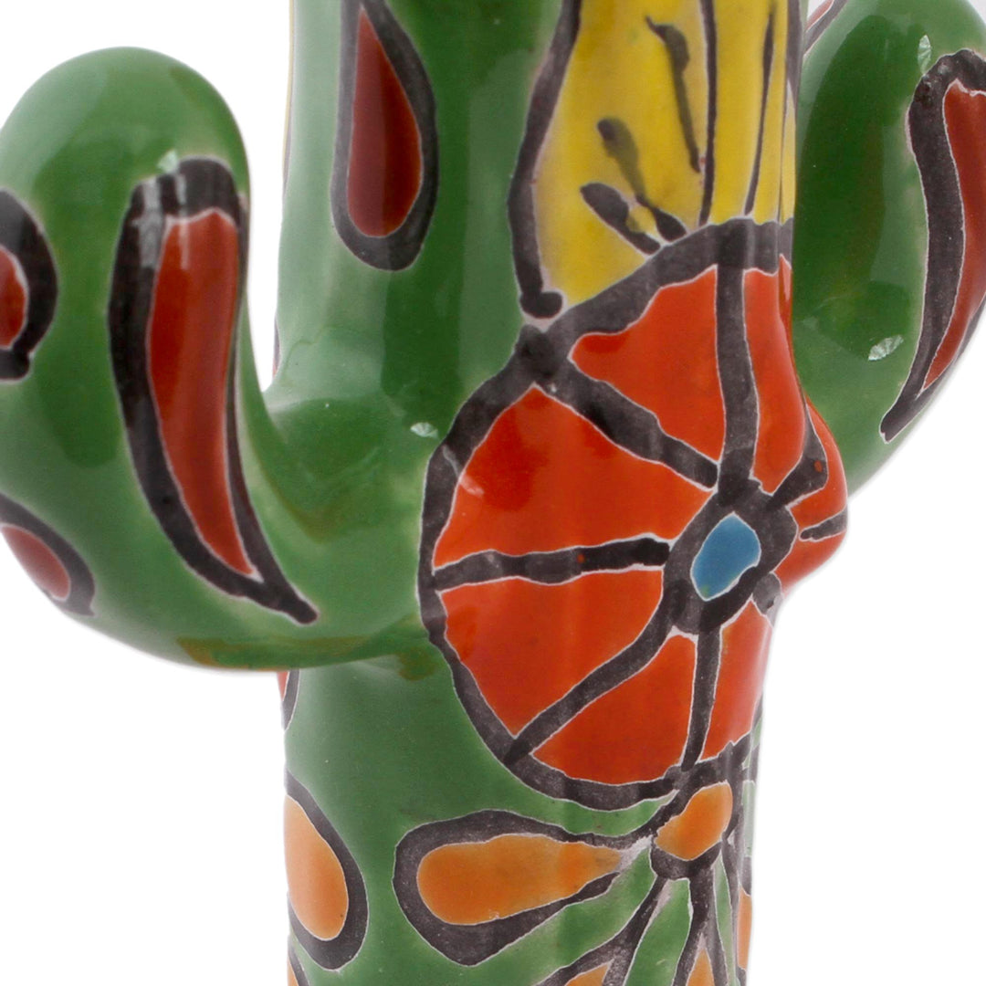 Hand-Painted Talavera-Style Ceramic Cactus Sculpture - Talavera Cactus