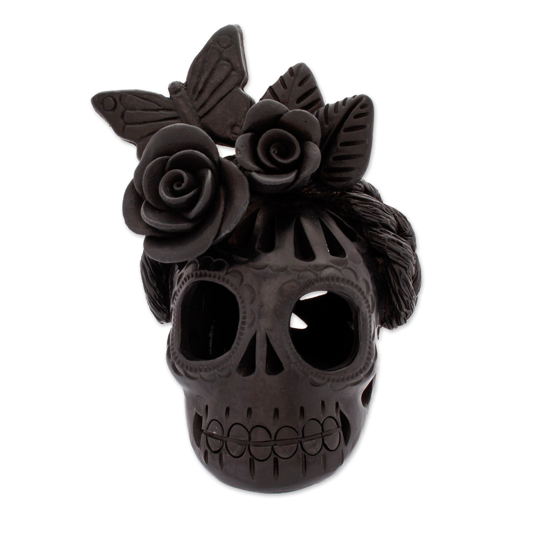 Handcrafted Barro Negro Ceramic Floral Skull Figurine - Spring Frida