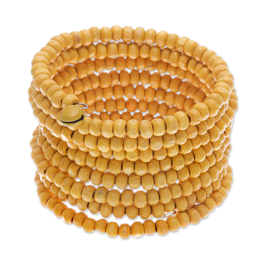 Wide Yellow Beaded Wood Wrap Bracelet with Bells (2.5 In) - Sunshine Spin