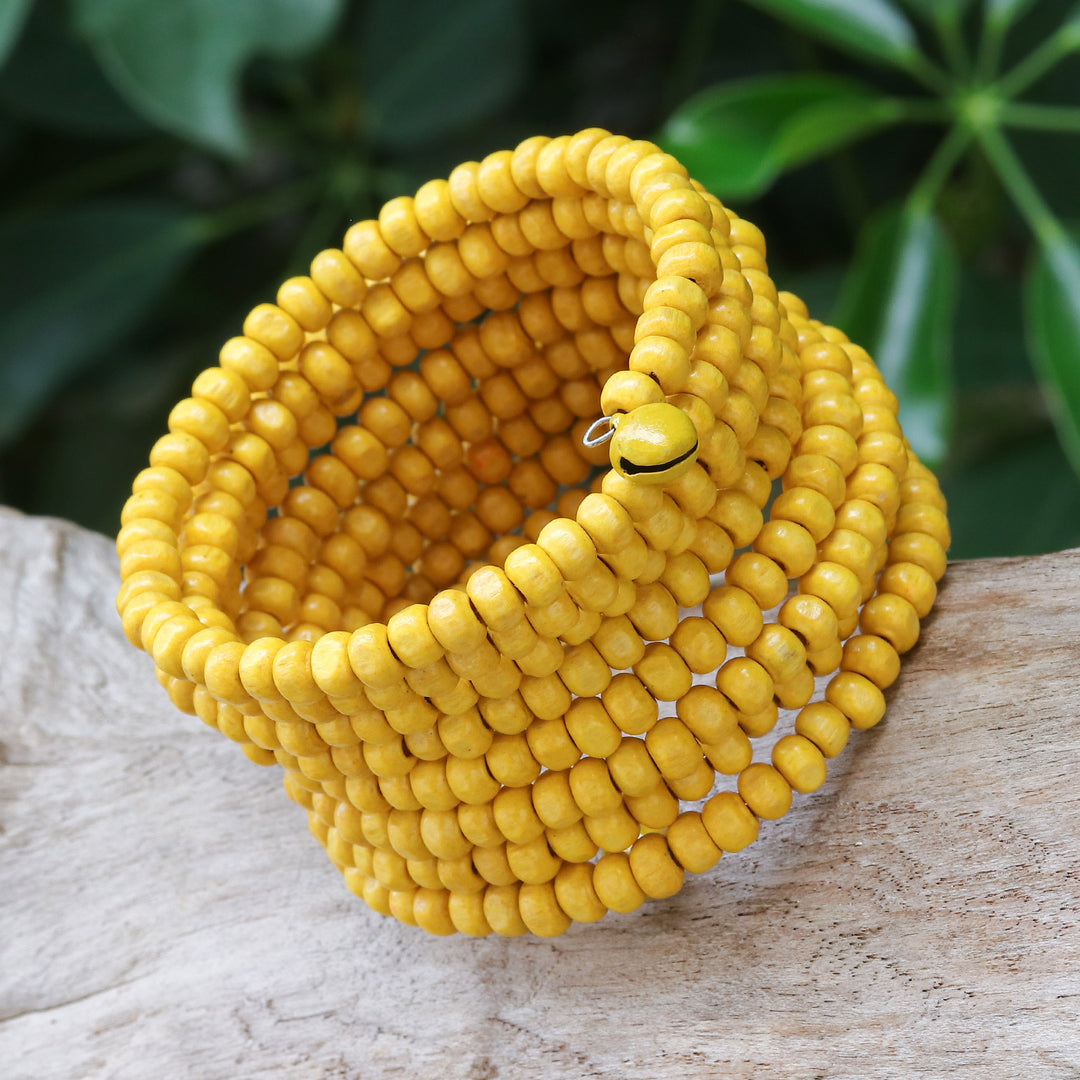 Wide Yellow Beaded Wood Wrap Bracelet with Bells (2.5 In) - Sunshine Spin
