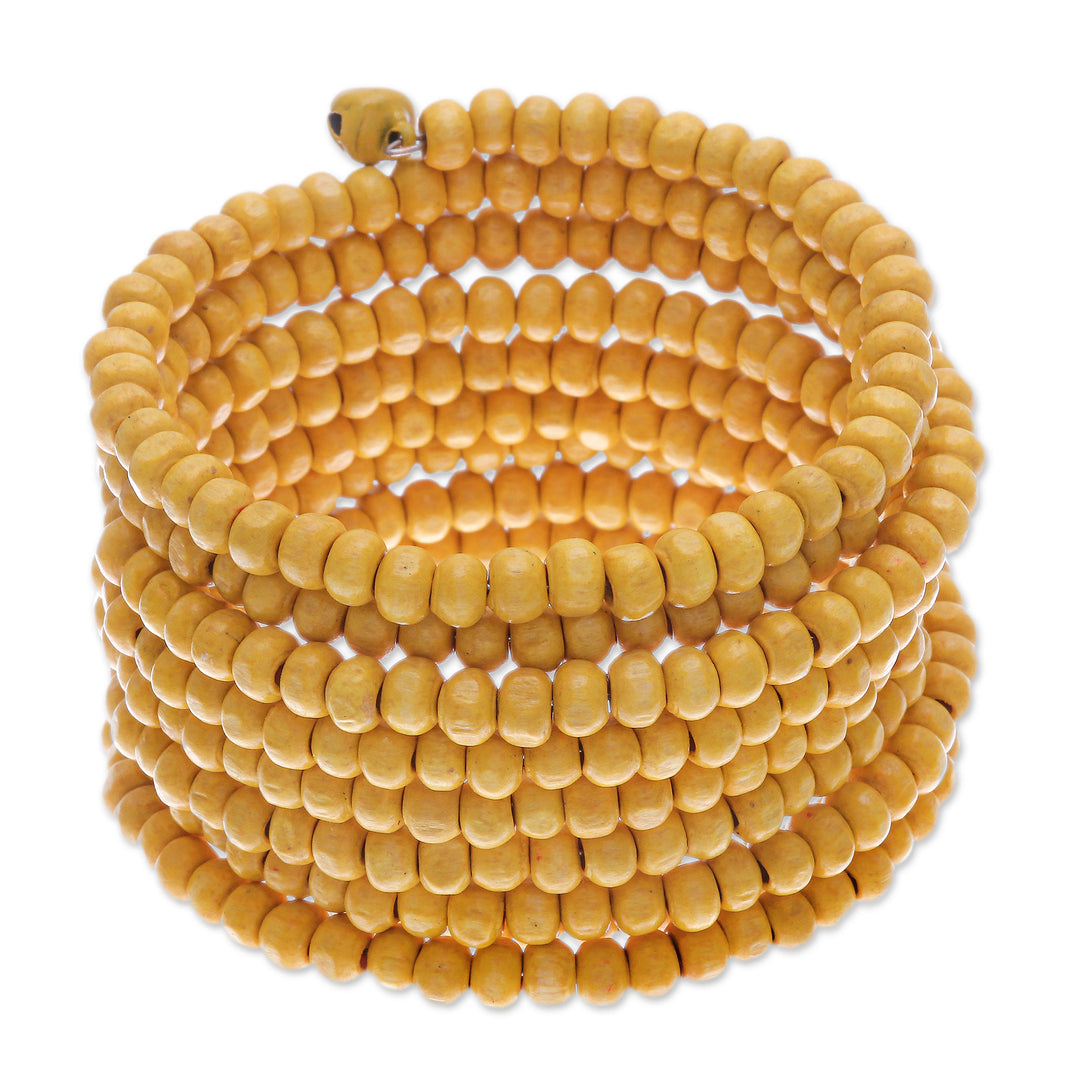 Wide Yellow Beaded Wood Wrap Bracelet with Bells (2.5 In) - Sunshine Spin