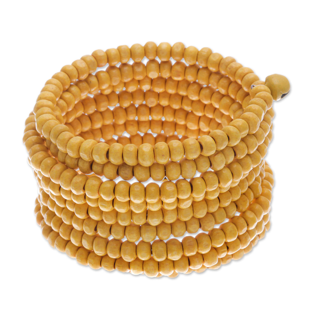 Wide Yellow Beaded Wood Wrap Bracelet with Bells (2.5 In) - Sunshine Spin