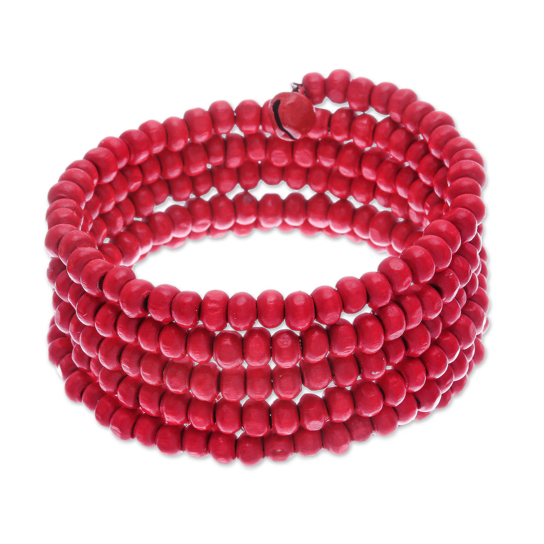 Red Beaded Wood Wrap Bracelet with Bells (1 In) - Crimson Spin