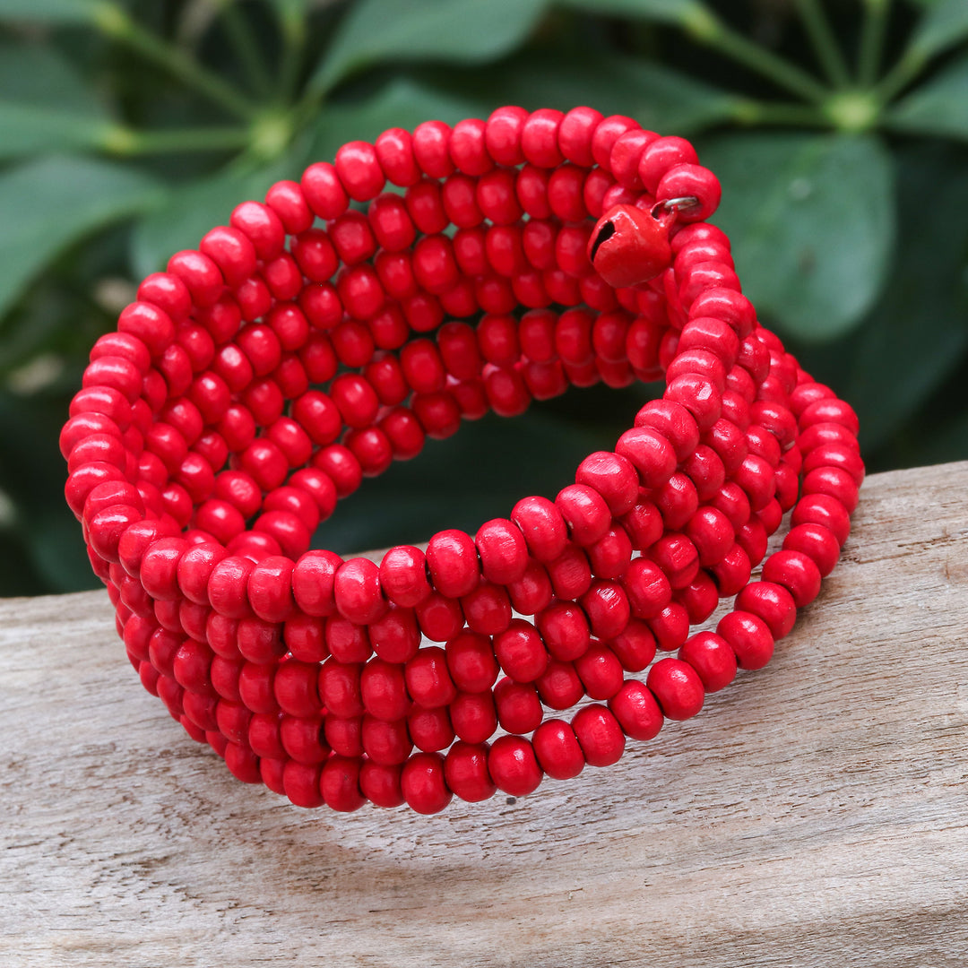 Red Beaded Wood Wrap Bracelet with Bells (1 In) - Crimson Spin