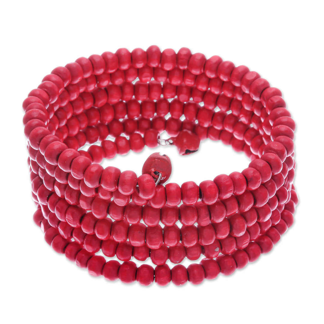 Red Beaded Wood Wrap Bracelet with Bells (1 In) - Crimson Spin