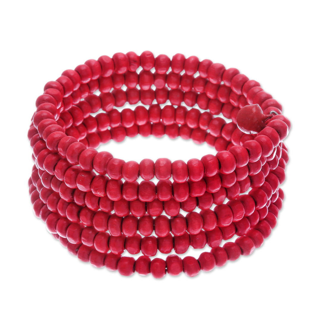 Red Beaded Wood Wrap Bracelet with Bells (1 In) - Crimson Spin