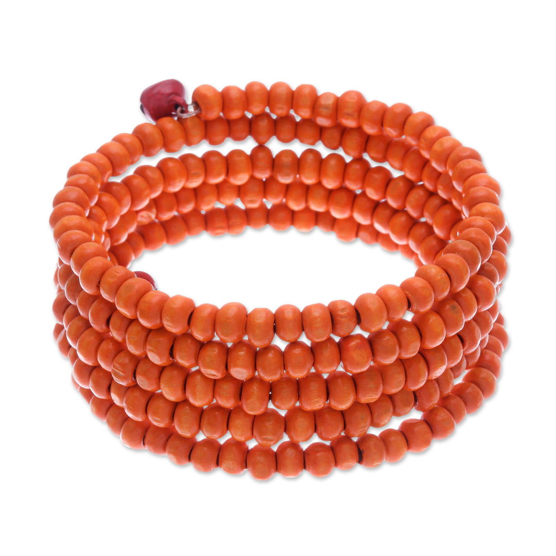 Orange Beaded Wood Wrap Bracelet with Bells (1 In) - Tangerine Spin