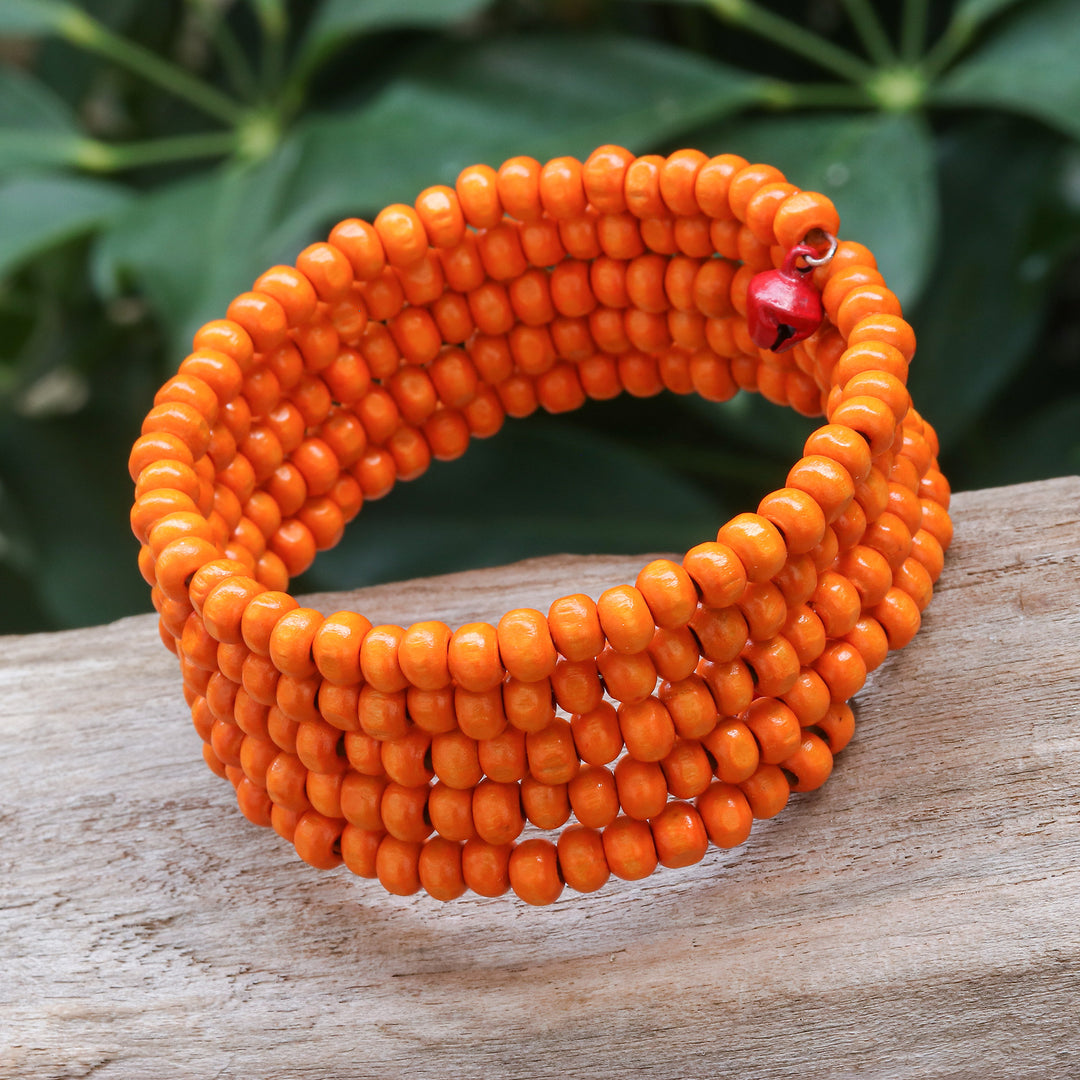 Orange Beaded Wood Wrap Bracelet with Bells (1 In) - Tangerine Spin