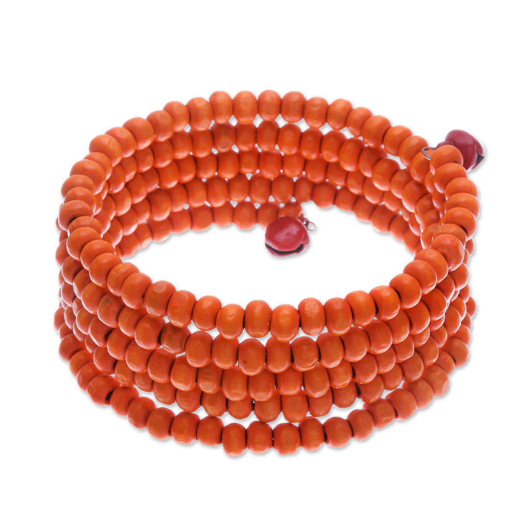 Orange Beaded Wood Wrap Bracelet with Bells (1 In) - Tangerine Spin