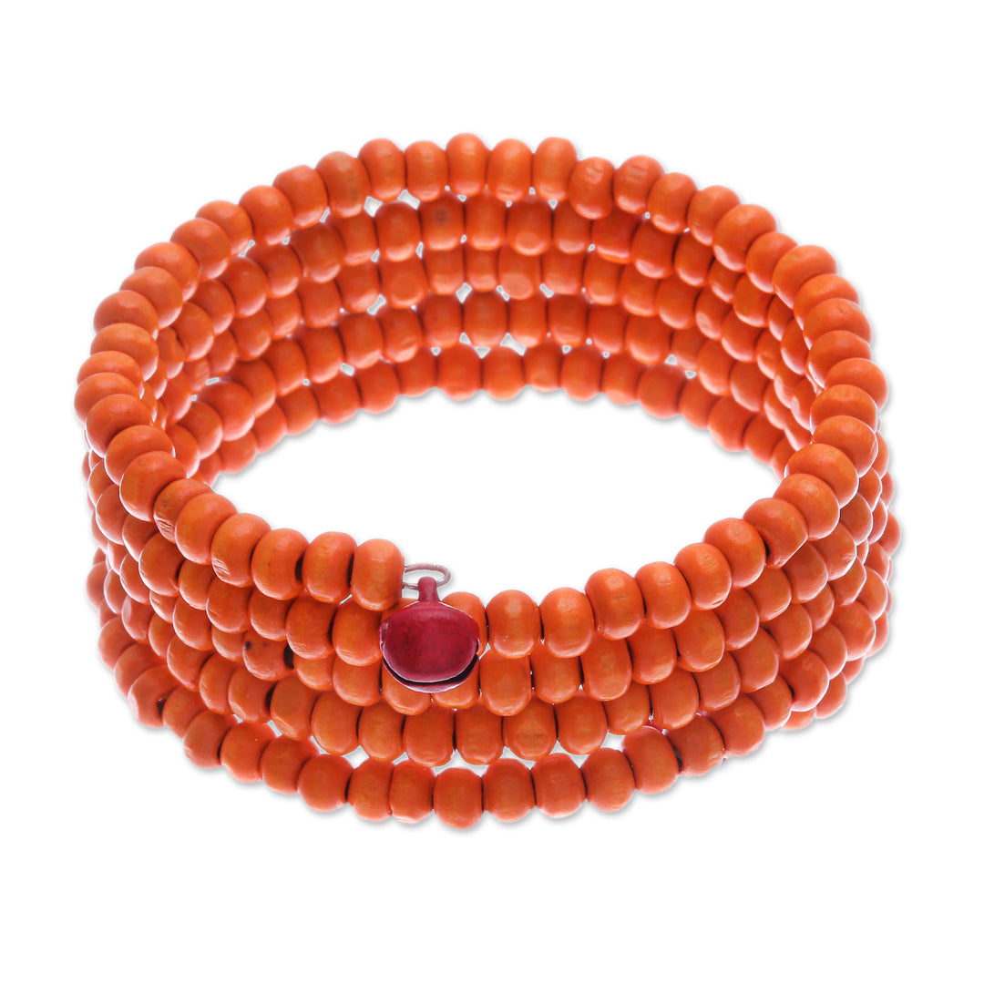 Orange Beaded Wood Wrap Bracelet with Bells (1 In) - Tangerine Spin