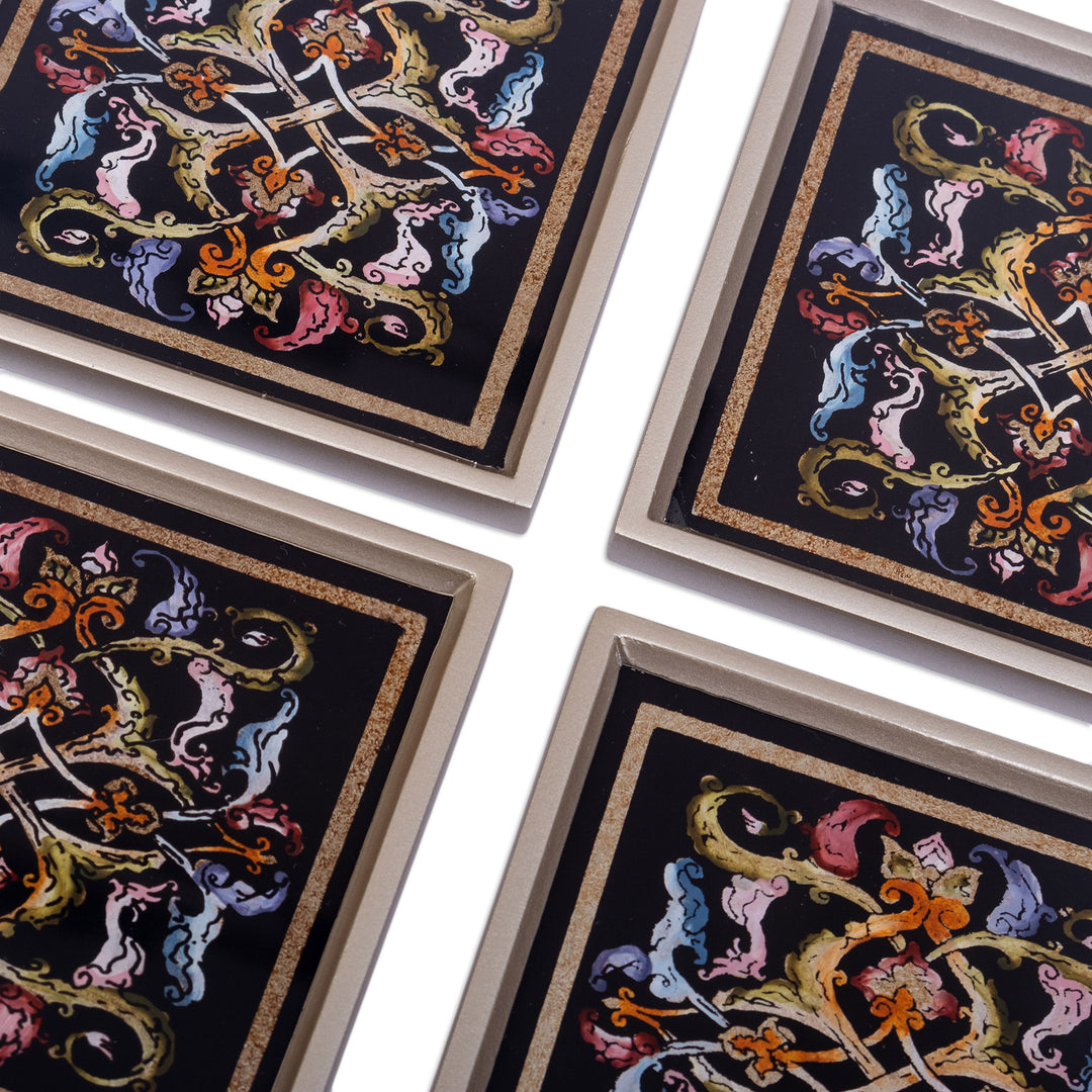 Artisan Hand-Painted Glass Coasters (Set of 4) - Silver Elegance