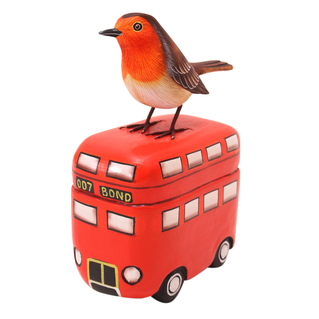 Handmade Suar Wood Bird Statuette with Bus Motif - Sightseeing