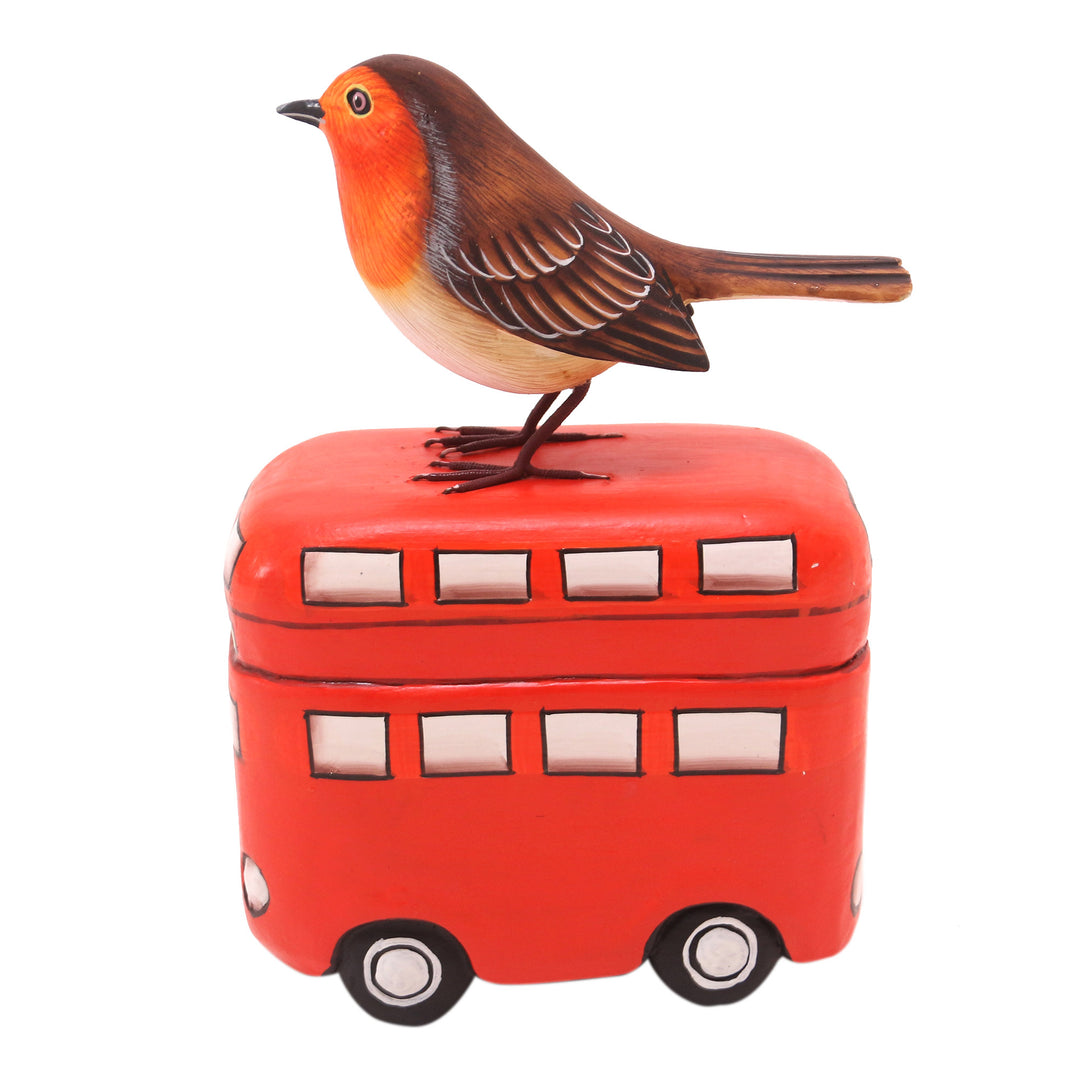 Handmade Suar Wood Bird Statuette with Bus Motif - Sightseeing