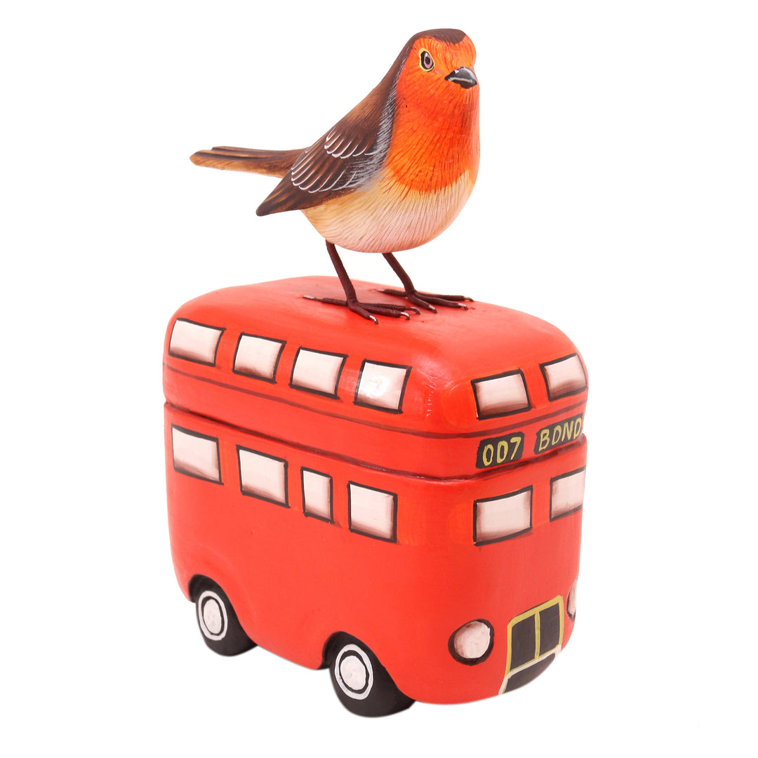 Handmade Suar Wood Bird Statuette with Bus Motif - Sightseeing