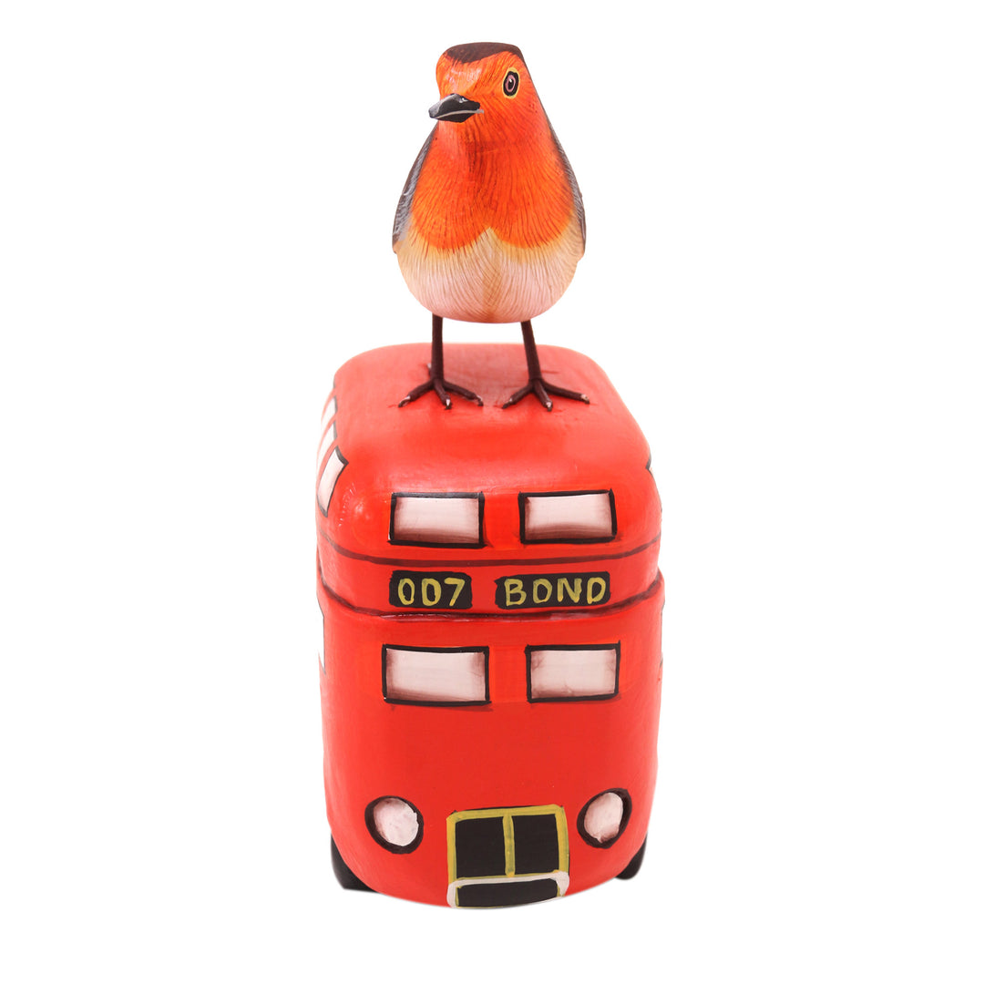 Handmade Suar Wood Bird Statuette with Bus Motif - Sightseeing