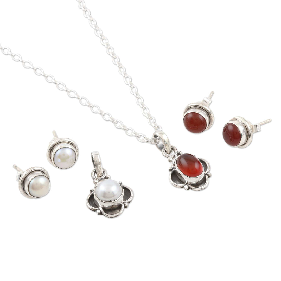 Hand Crafted Carnelian and Cultured Pearl Jewelry Set - Gorgeous Harmony