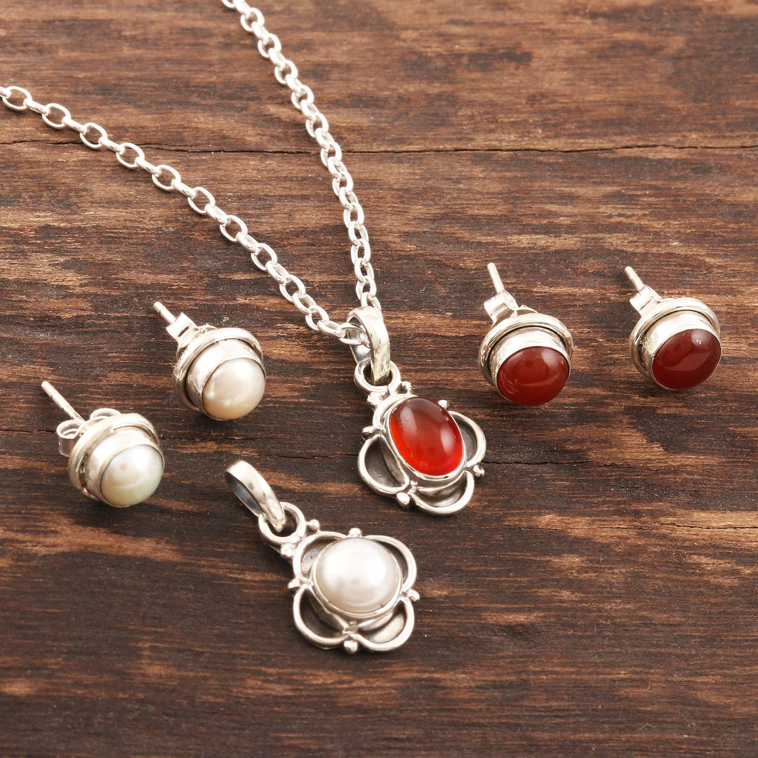 Hand Crafted Carnelian and Cultured Pearl Jewelry Set - Gorgeous Harmony