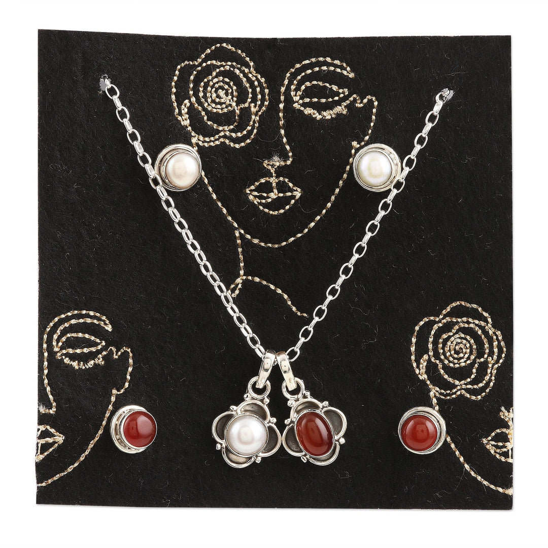 Hand Crafted Carnelian and Cultured Pearl Jewelry Set - Gorgeous Harmony
