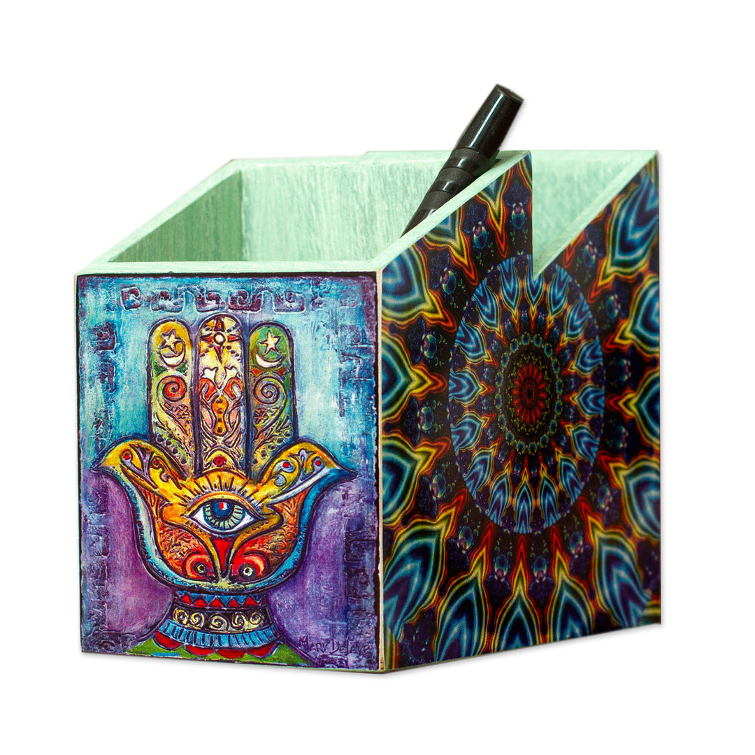 Multicolor Decoupage Hamsa Pine Wood Pencil Holder - Multicolored Hamsa