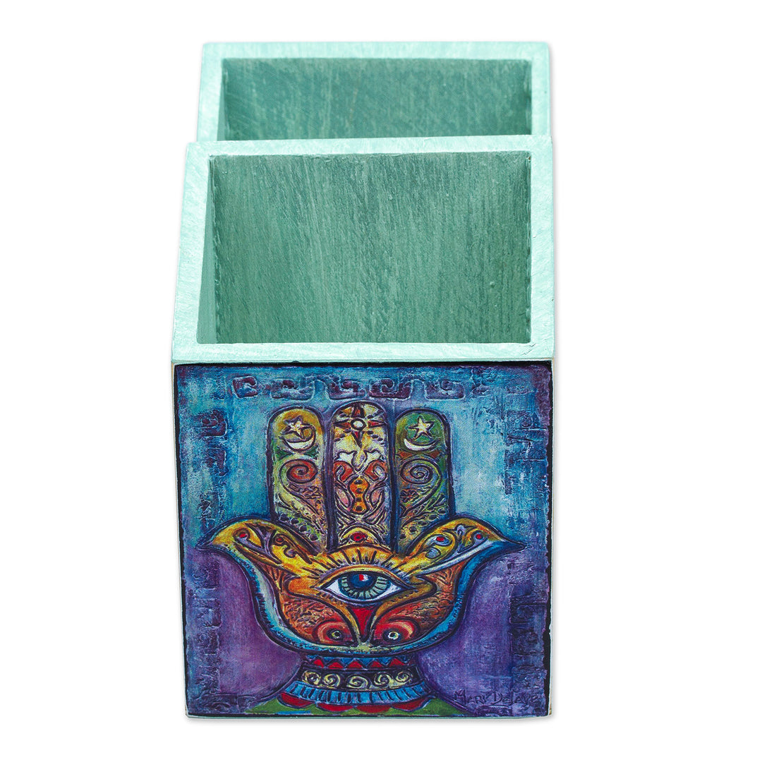 Multicolor Decoupage Hamsa Pine Wood Pencil Holder - Multicolored Hamsa