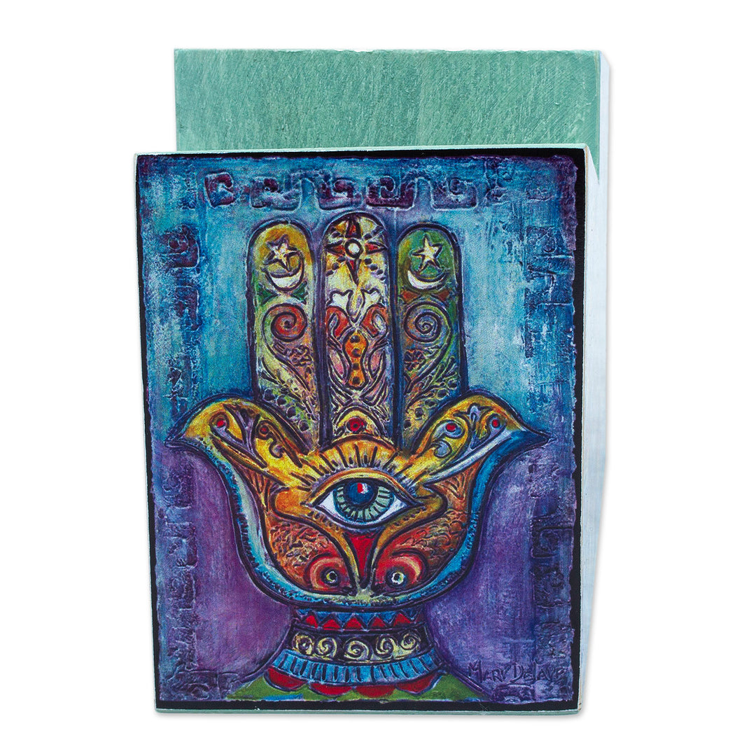 Multicolor Decoupage Hamsa Pine Wood Pencil Holder - Multicolored Hamsa