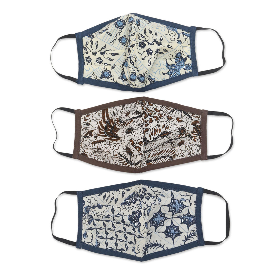 Set of 3 Cotton Face Masks with Elastic Ear Loops - Batik Beauty