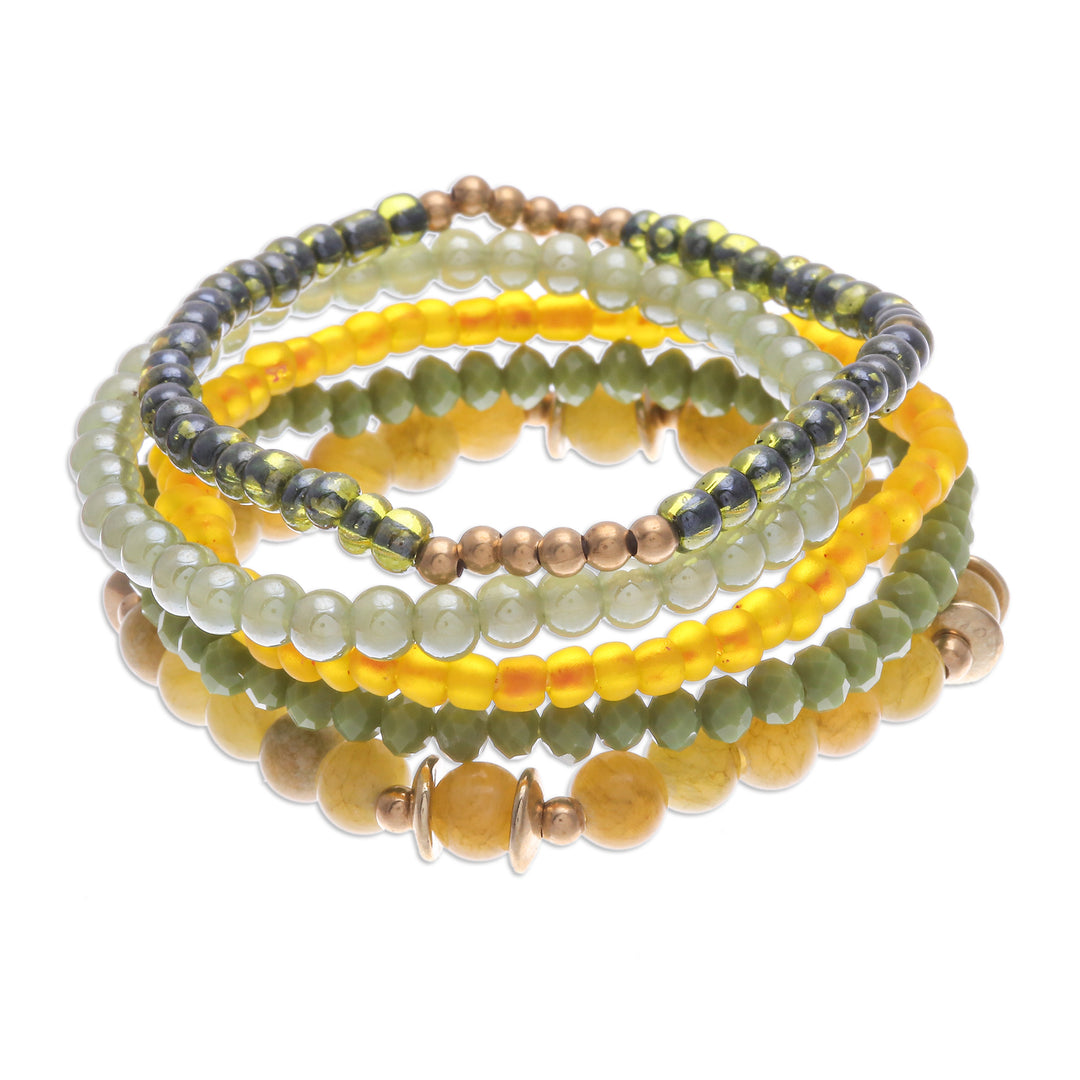 Set of 5 Yellow Beaded Stretch Bracelets from Thailand - Fancy Dream in Yellow
