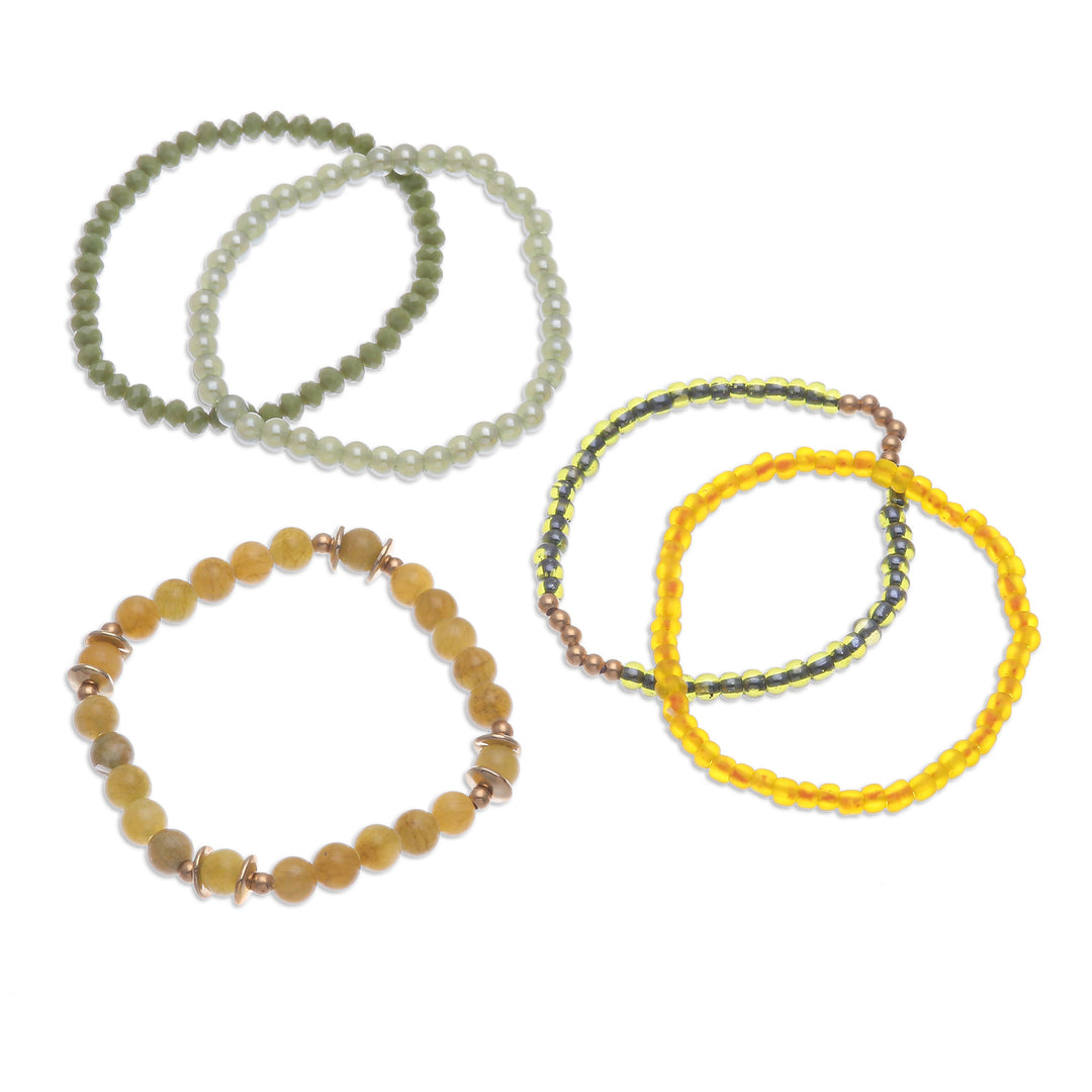 Set of 5 Yellow Beaded Stretch Bracelets from Thailand - Fancy Dream in Yellow