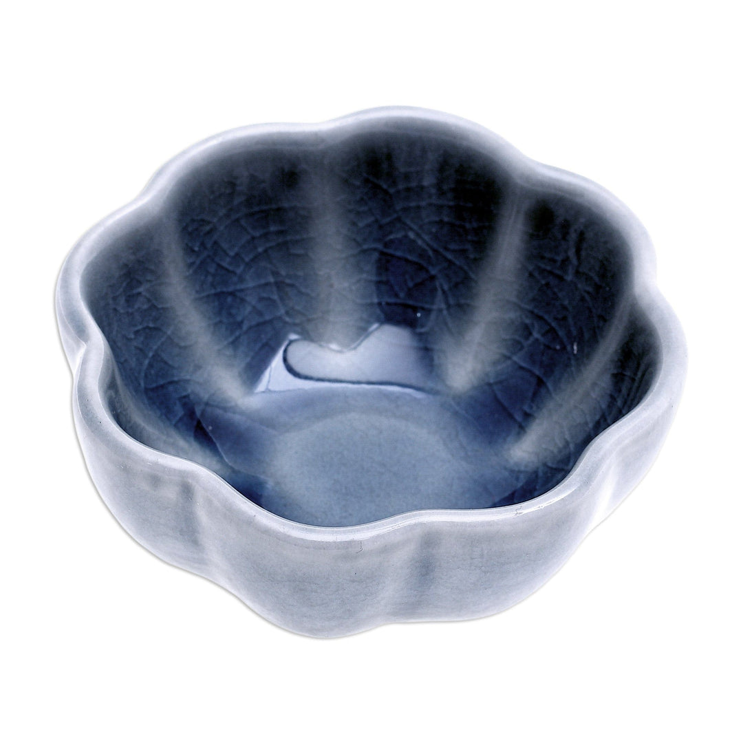 Fluted Small Celadon Ceramic Bowl - Flower Bloom in Blue