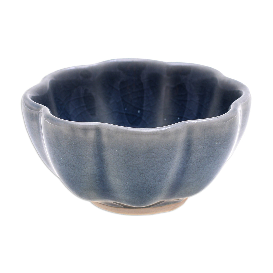 Fluted Small Celadon Ceramic Bowl - Flower Bloom in Blue