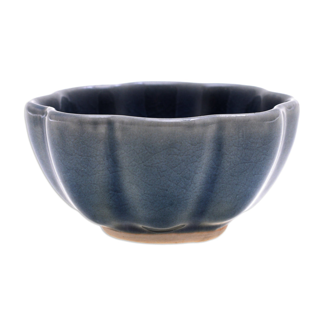 Fluted Small Celadon Ceramic Bowl - Flower Bloom in Blue