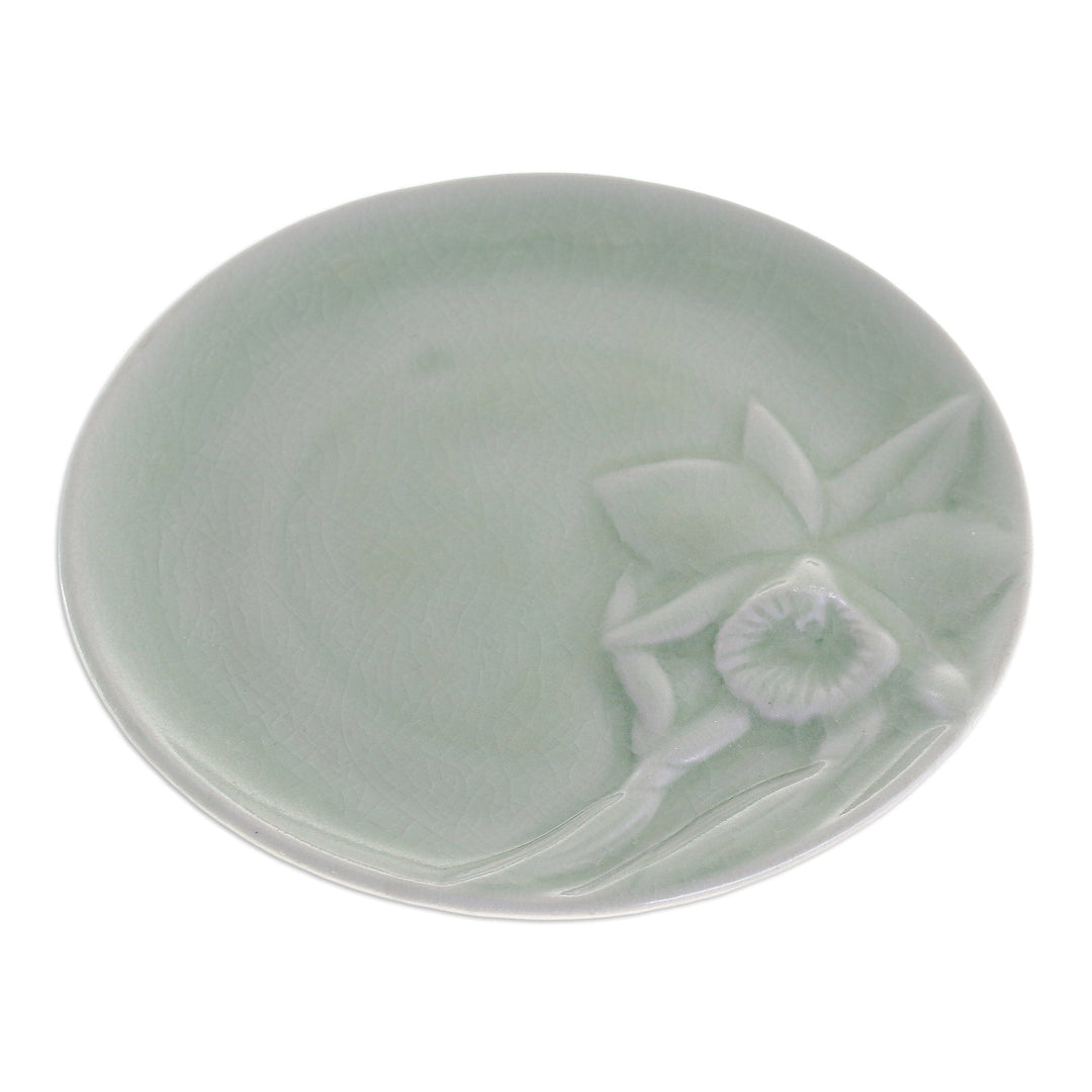 Green Floral Celadon Ceramic Dessert Plate - Lanna Orchid